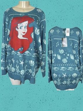 Disney Princess +3 Ariel The Little Mermaid Sea Graphic Sweater Teal Long Sleeve